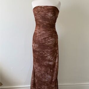 Vintage Y2K Brown Strapless Mesh Maxi Dress | Ruched Bodycon | XS/S